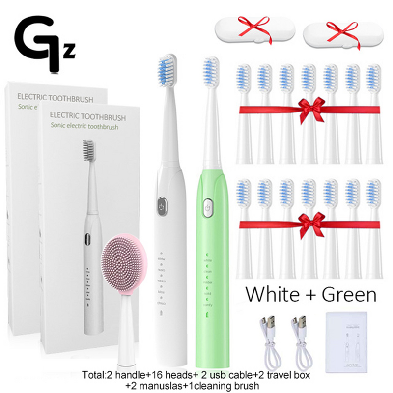 Gezhou s802 sonic escova de dentes elétrica das crianças usb recarregável adulto à prova dwaterproof água ultra sonic automático 5 modo com escova de rosto