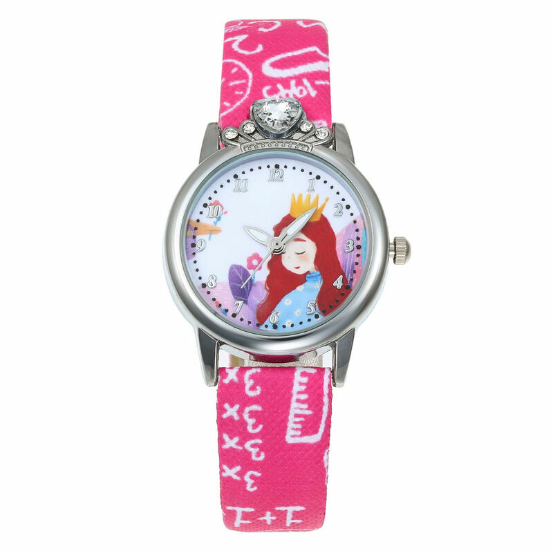 여자 시계 공주 키즈 시계 가죽 스트랩 귀여운 어린이 만화 손목 시계 핑크 선물 키즈 소녀 교육 시계