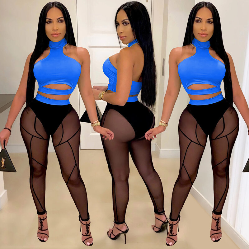 Sexy Perspective Club Outfits for Women New Summer Solid Color Women Bodycon Clothing Female Crop Top Long Pant Two Piece Set