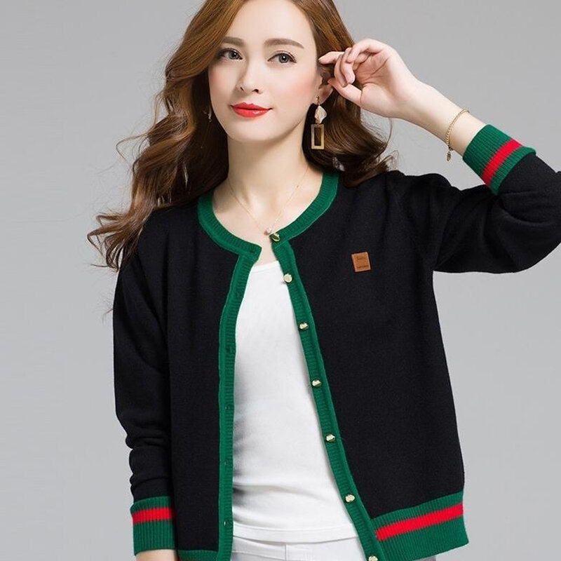 Women's Knitted Cardigan Contrast Color Round Collar Thin Short Sweater Wholesale Spring Autumn 2022 New Fashion Female Clothing