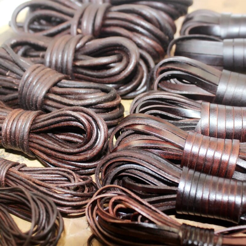 Cuerda de cuero de 1,5-10mm, cordón Natural Vintage genuino, pulsera, abalorios planos redondos para collar, accesorios para fabricación de joyas DIY