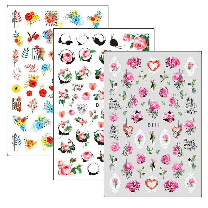10Pcs 2022 Valentijnsdag Nail Sticker Rose Luipaard Bloem 3D Nail Decals Hart Angel Nail Art Accessoires Manicure Decoratie