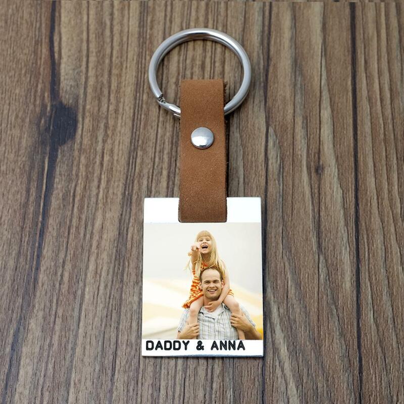Custom Photoพวงกุญแจภาพส่วนบุคคลKeyring,แกะสลักชื่อหนังพวงกุญแจของขวัญวันพ่อสำหรับพ่อ