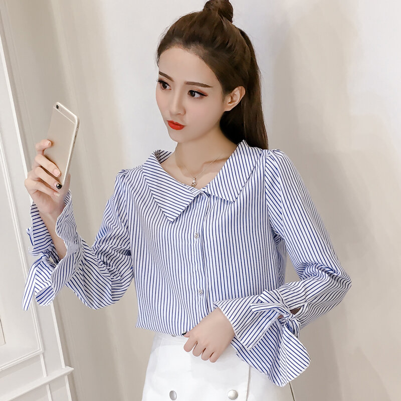 Striped Shirt for Women 2021 New Women's Clothing Spring Partysu Temperamental Doll Collar Bell Sleeve Younger Shirt Top