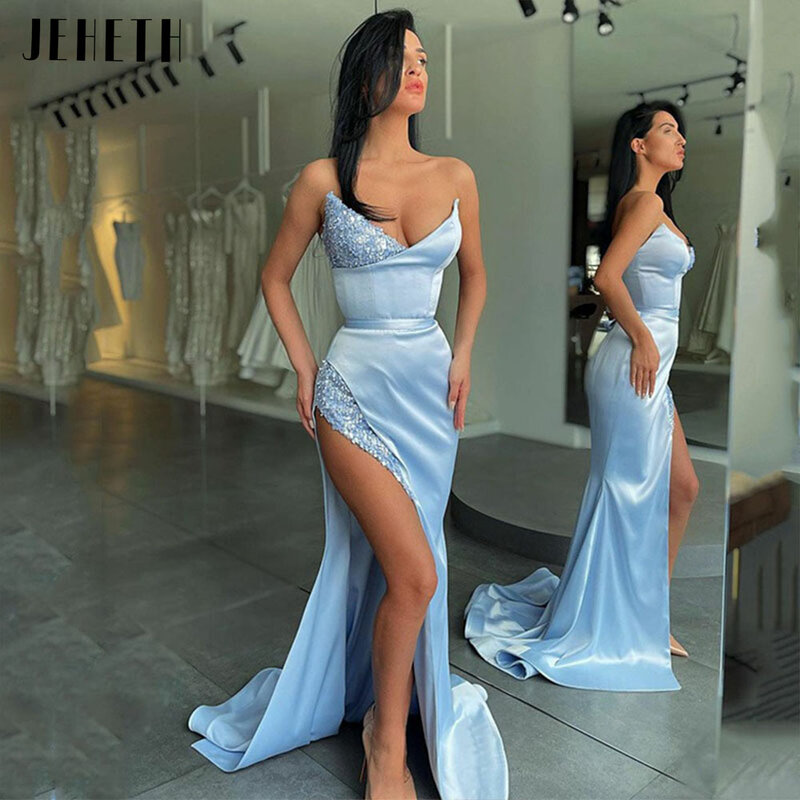 JEHETH Sky Blue Sexy Sequined Satin Side Split Mermaid Evening Dresses Exquisite Strapless Deep V-Neck Prom Gown robes de soirée