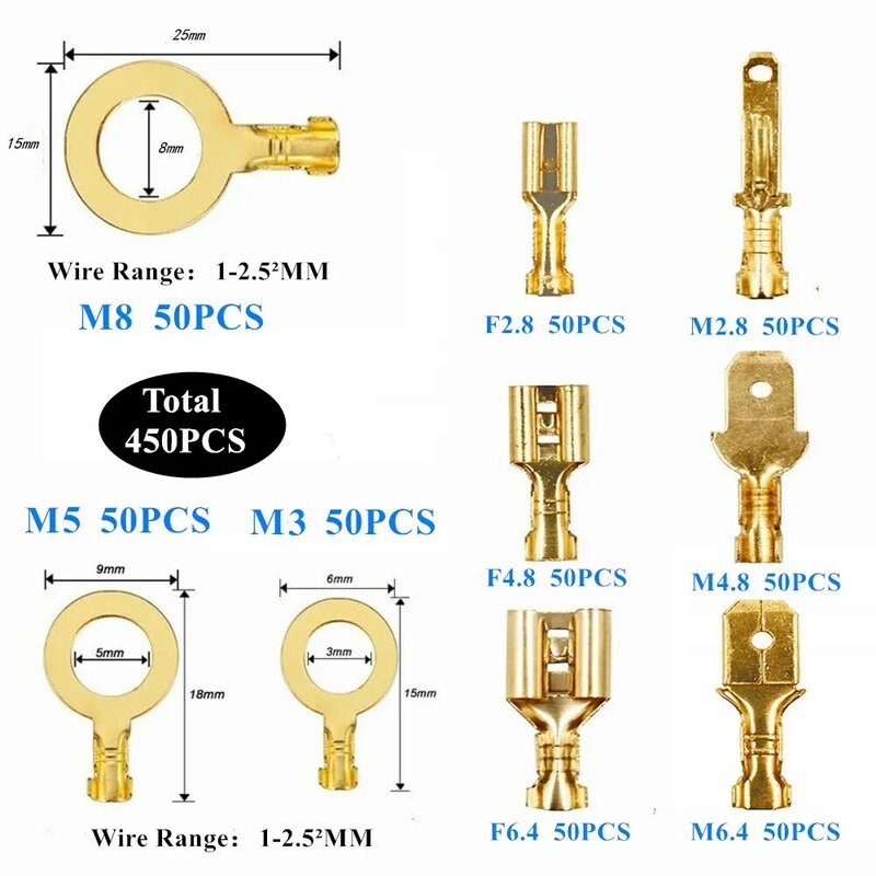 450PCS Sortiment Crimp Terminal Stecker 2.8/4.8/6,3mm Gold Messing Auto Lautsprecher Elektrische Draht Anschlüsse Set crimp Tool Kit