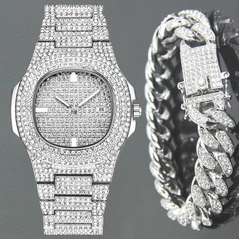 패션 남성용 다이아몬드 시계 여성용 쿼츠 시계 Micropave CZ 힙합 쿠바 체인 팔찌 방수 시계 relogio