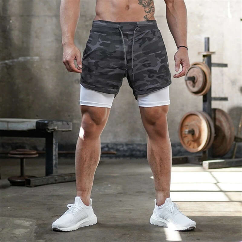 2021 summer new quick-drying camouflage 2-in-1 double-layer fitness sports pants jogger streetwear outdoor casual men's shorts
