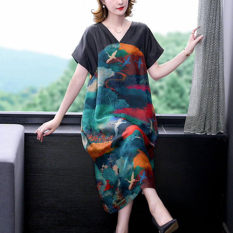 หญิงเกาหลี Vintage Casual Midi ชุดฤดูใบไม้ผลิฤดูร้อนพิมพ์แขนสั้นหลวมชุด2022ใหม่ Elegant Bodycon สำนักงานชุดเลดี้