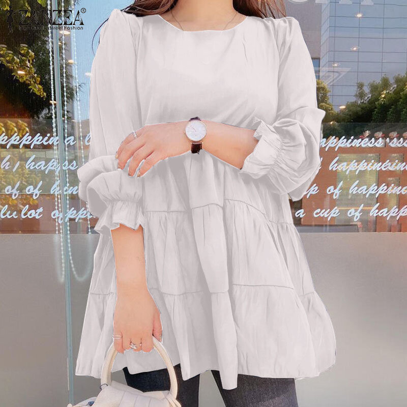 Zanzea blusa plissada feminina elegante, camisa casual com manga bufante, branca, outono, gola redonda, 2021