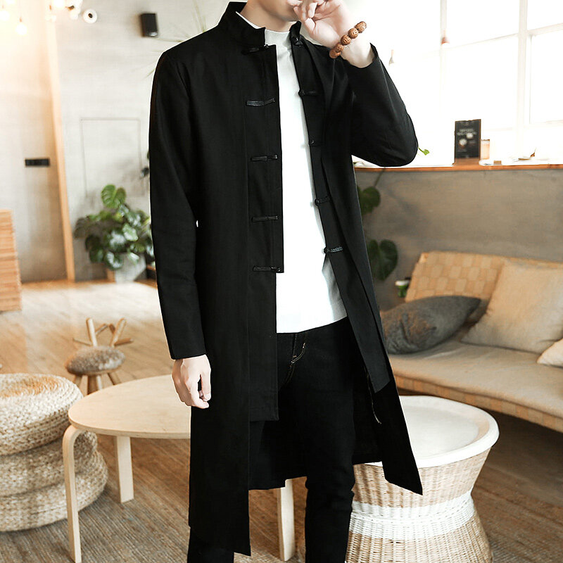 Homem solto algodão vintage linho trench coat falso duas peças cardigan kimono casaco masculino longo estilo chinês preto blusão