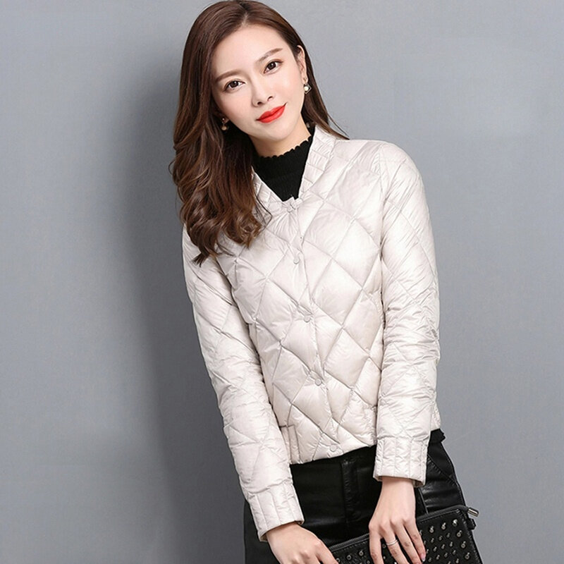 Jaket Bulu Angsa Putih Ultra Ringan Musim Gugur 2021 Mantel Coklat Leher O Wanita Ukuran Plus Musim Dingin Mantel Pendek Bawah Hangat Ramping