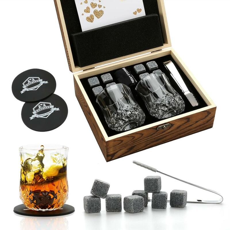 Whiskey Stones En Whisky Glas Gift Box Set - 8 Graniet Chilling Whisky Rotsen + 2 Glazen In Houten Doos-Beste Cadeau Voor Mannen Fa