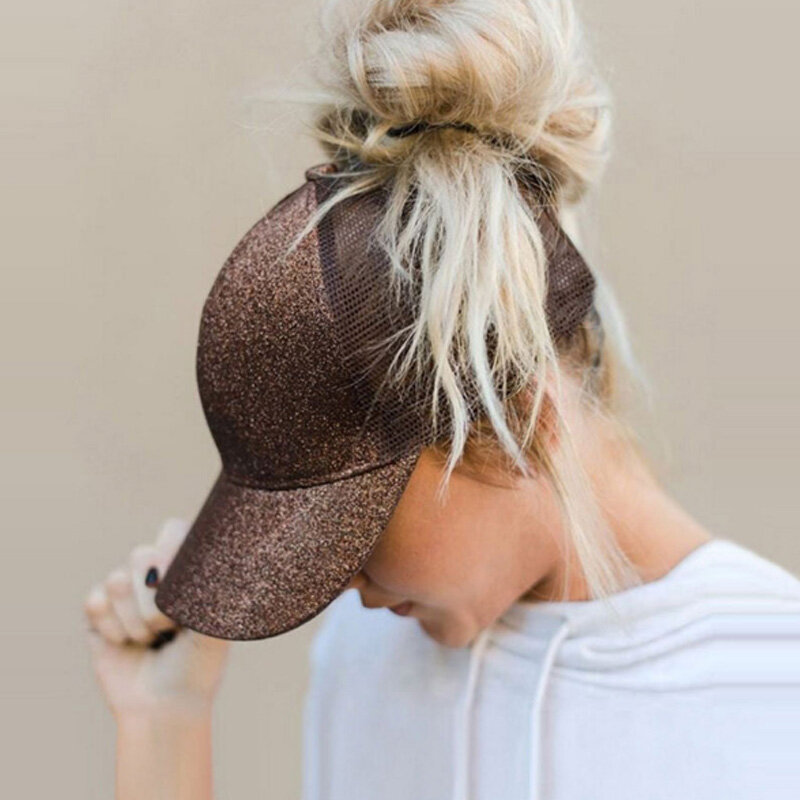 ผู้หญิงGlitterหางม้าเบสบอลCapหมวกตาข่ายTruckerหมวกMessy Bunหมวกฤดูร้อนหญิงSnapbackปรับHip Hopหมวก