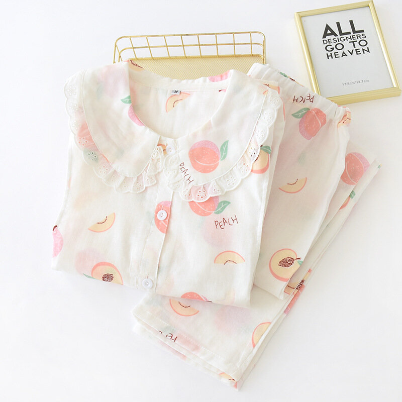 Novo algodão maternidade primavera e verão serviço de casa das mulheres grávidas solto algodão gaze confinamento ternos bonito pêssego pijamas