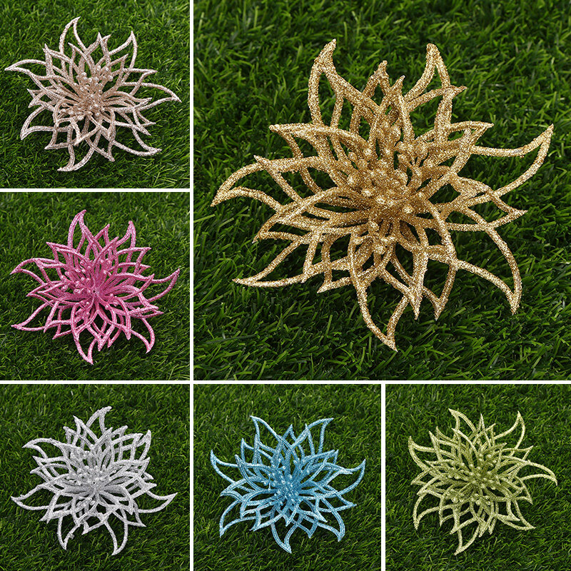 15cm Colorful Glitter Artificial Flowers DIY Christmas Tree Ornaments Handmade Fake Flowers For Home Wedding Xmas Decor Supplies