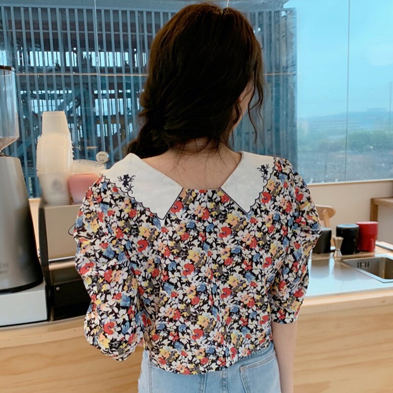 Женская Повседневная милая блузка S1 с отворотами и цветочной вышивкой