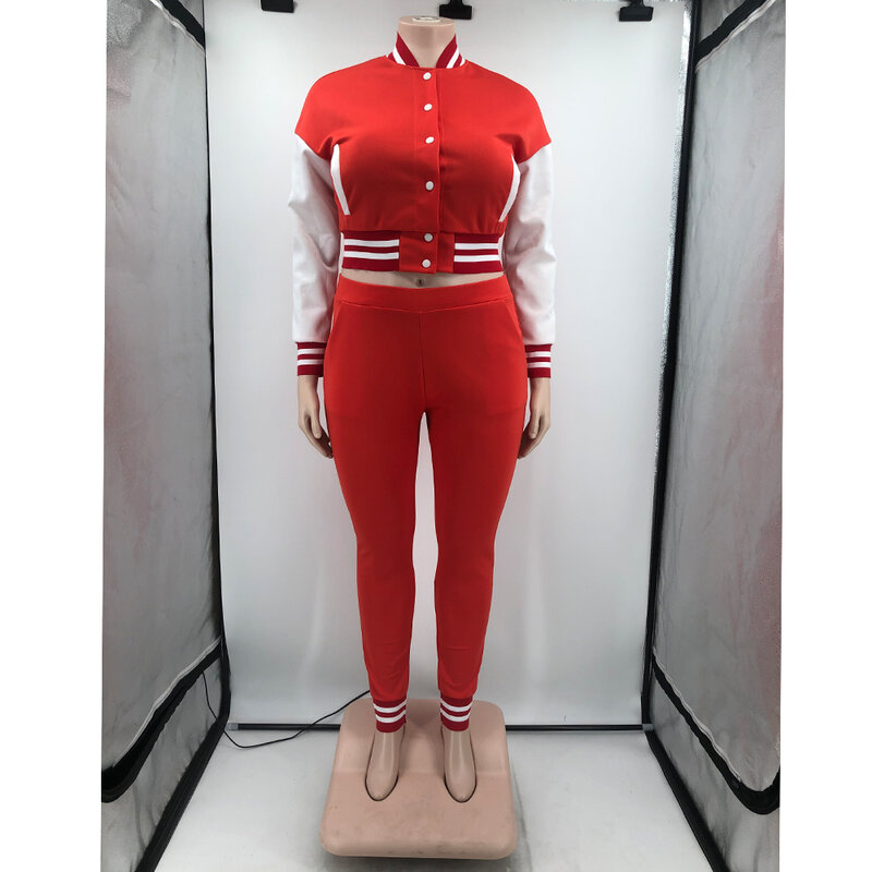 HAOOHU-ropa de talla grande para mujer, chaqueta a juego de colores, uniforme de béisbol de manga larga con costura de un solo pecho, conjuntos de dos piezas, 2021