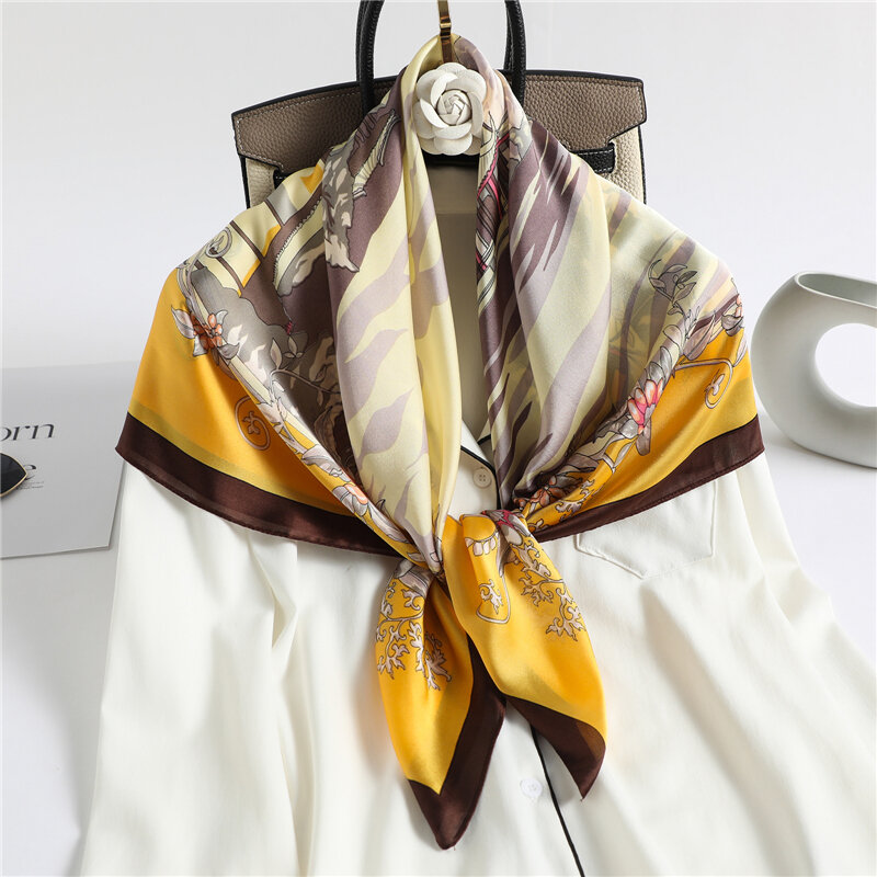 Impressão hijab lenço quadrado feminino cetim bandana de seda bandana moda neckerchief xale saco envoltório floral faixa de cabelo foulard 90*90cm