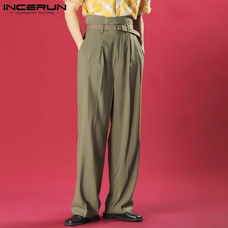 INCERUN 2021 New Men Fashion Hot Sale Retro All-match Trousers Male Solid High-waist Casual Loose Oversized Wide-leg Pants S-5XL