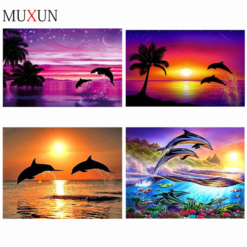 Diamond Painting Dolphin Daimond Mosaic Painting Red Landscape Pictures Of Rhinestones Animal Diamant Embroidery Scenery   H8123