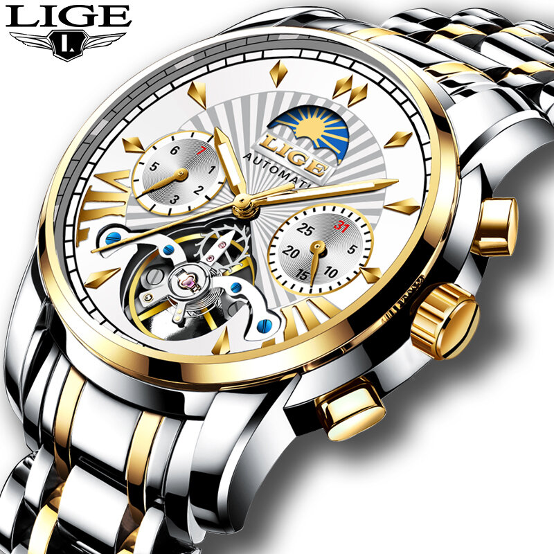 Tourbillon orologi da uomo LIGE orologio da polso meccanico da uomo di lusso sportivo in acciaio inossidabile di lusso delle migliori marche