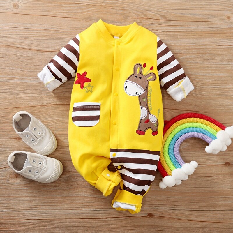 PatPat Heißer Verkauf Herbst und Winter Baumwolle Baby Giraffe Tasche Design Baby Strampler Gestreiften Einreiher Baby Kleidung