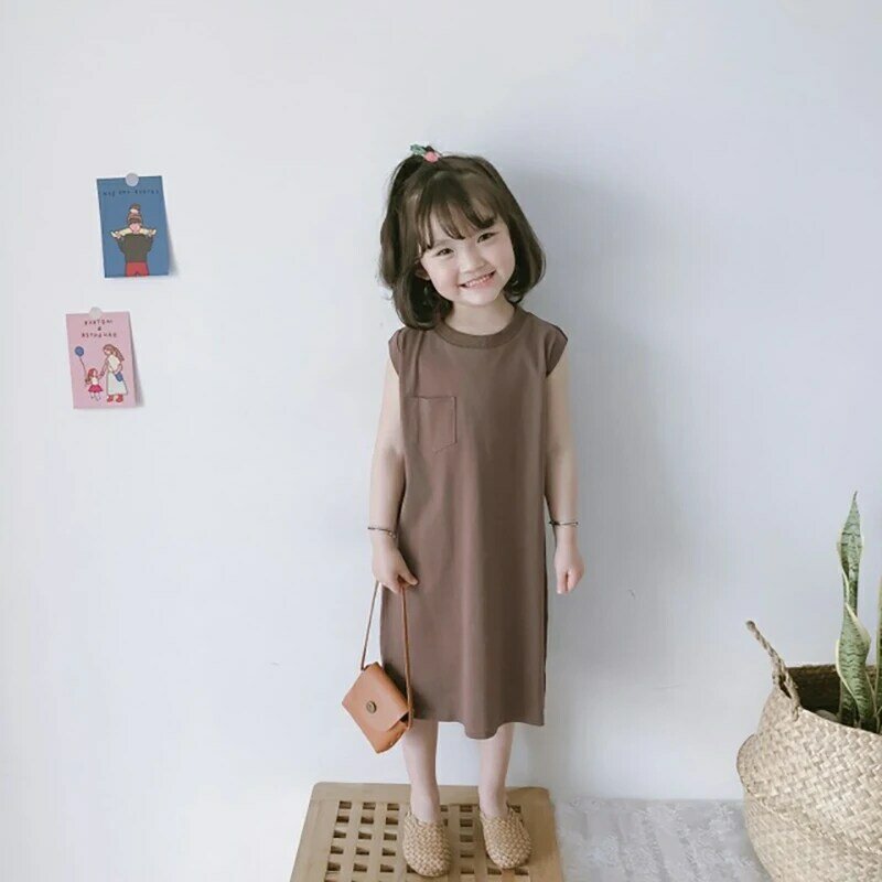 Abiti Casual per ragazze moda coreana per bambini costumi da festa solidi senza maniche per bambini abiti lunghi estivi per ragazza 2021