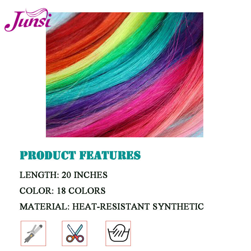 JUNSI 18 Colored Hair Strands Hair Extension Long Straight Female Hair Pieces Double Clip Style Heat Resistant Synthetic Bundles