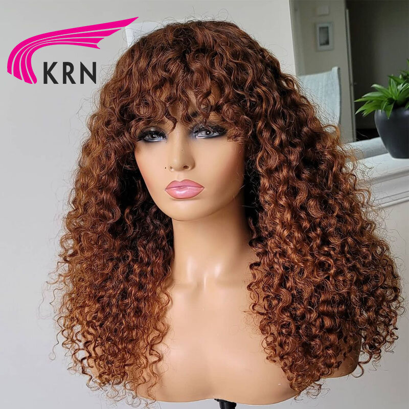 KRN-pelucas de cabello humano rizado con flequillo para mujer, pelo Remy brasileño, Rubio, hecho a máquina