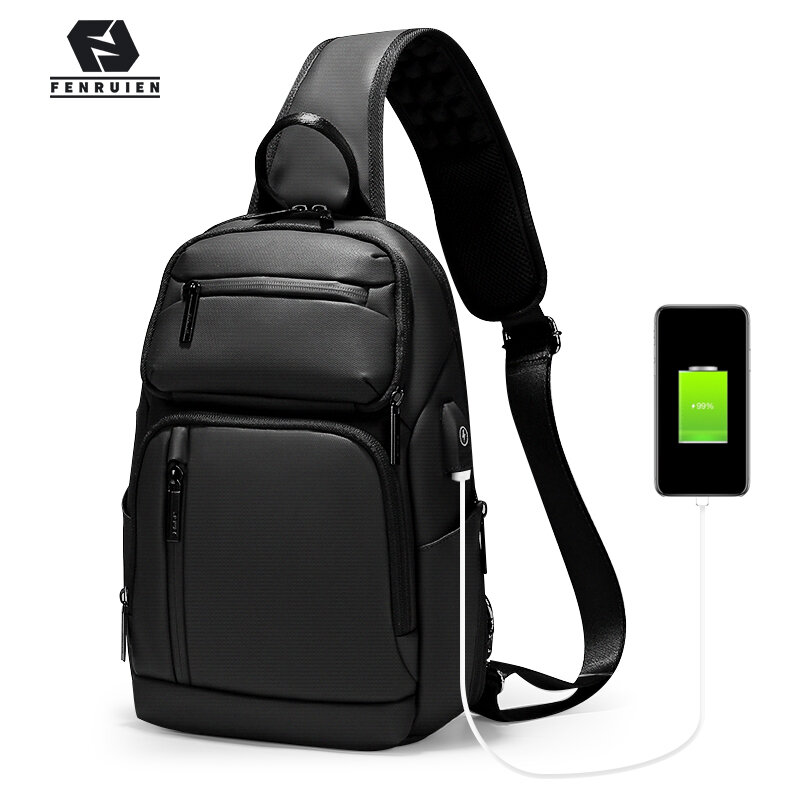 Мужская сумка через плечо Fenruien , водонепроницаемая сумка через плечо с большой емкостью 9,7 дюймов , нагрудная сумка для iPad, зарядка через USB, м...