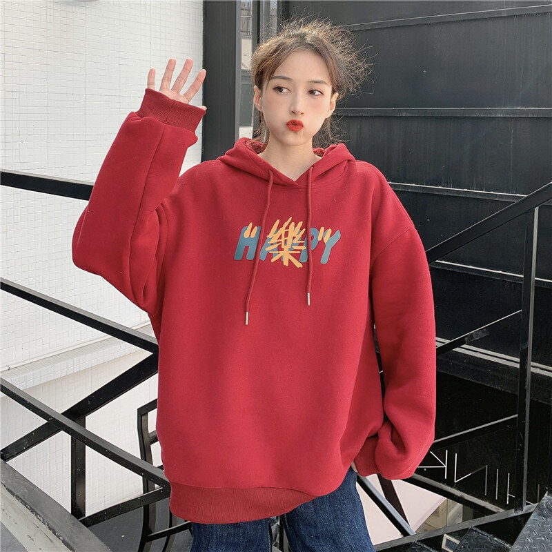 Carta de impressão moletom estilo chinês feminino hoodies 7 cores algodão lã quente inverno pullovers outono casual streetwear meninas