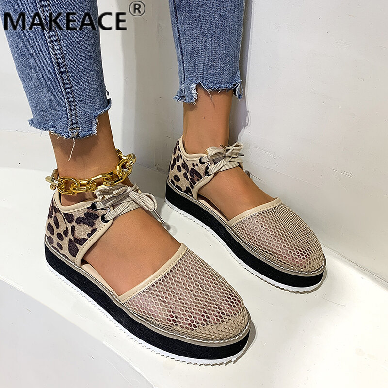 Verão novo estilo senhoras malha sapatos 36-43 vulcanizado sapatos femininos casuais leopardo impressão sapatos de plataforma confortáveis sapatos de caminhada