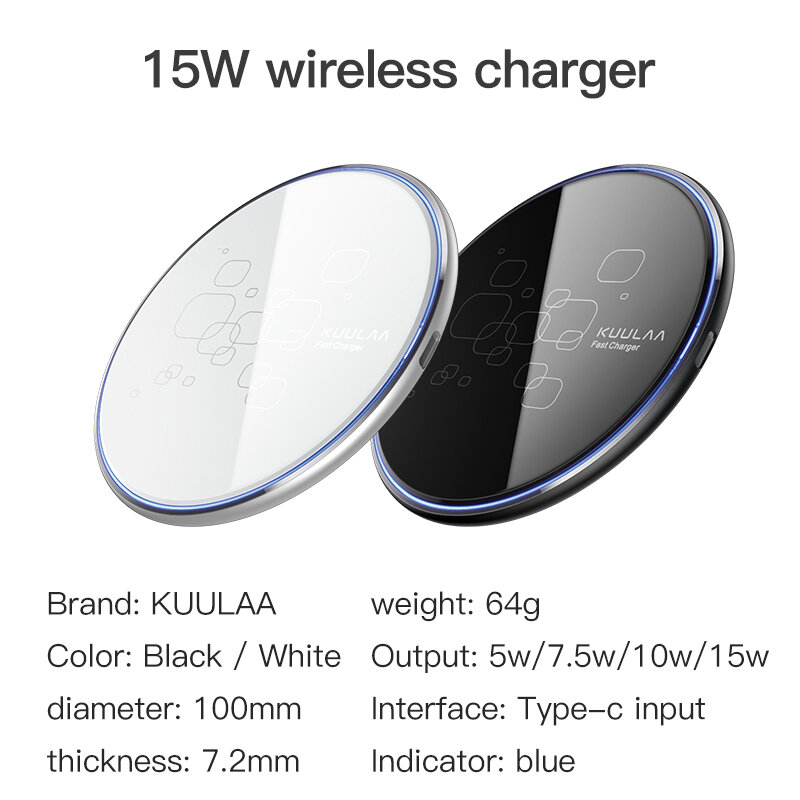 KUULAA 15W Qi Wireless Charger สำหรับ Xiaomi Mi 9 Pro กระจกไร้สายชาร์จ Pad Fast Charger สำหรับ iPhone 13 X XS Max XR 8 Plus