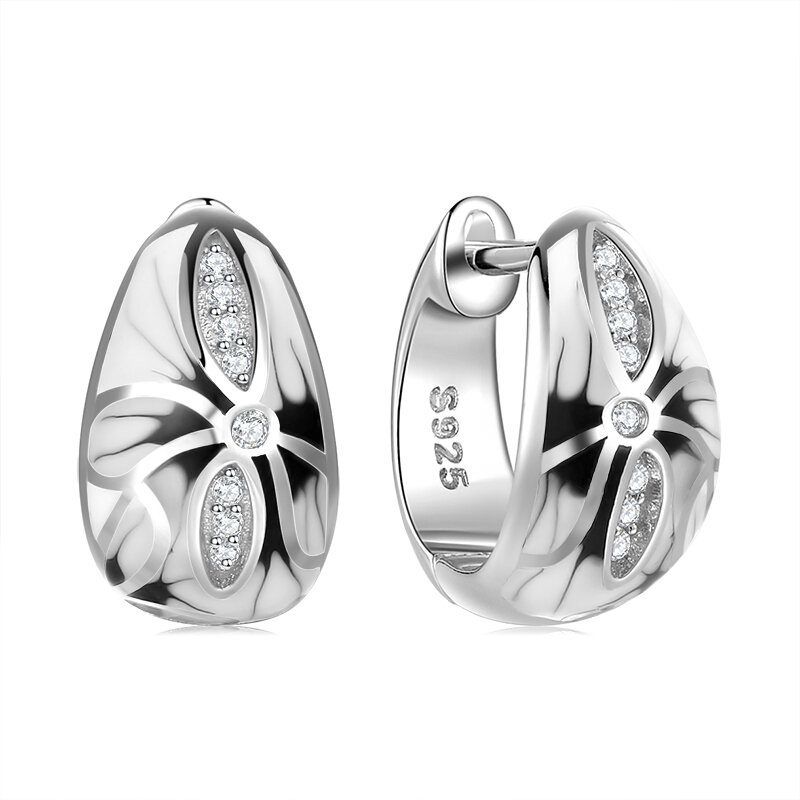 Mode 925 Silber Chinesischen stil schwarz und weiß tinte malerei Blumen CZ Handmade Emaille Ohrringe für Frauen Original Schmuck