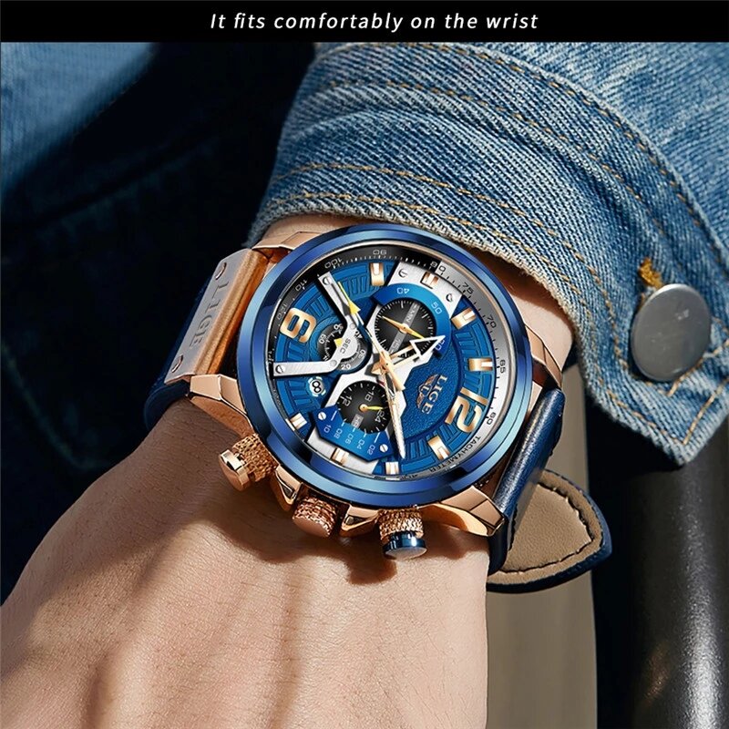 Часы наручные LIGE мужские спортивные, повседневные брендовые Роскошные модные в стиле милитари, с кожаным ремешком, с хронографом, 2022