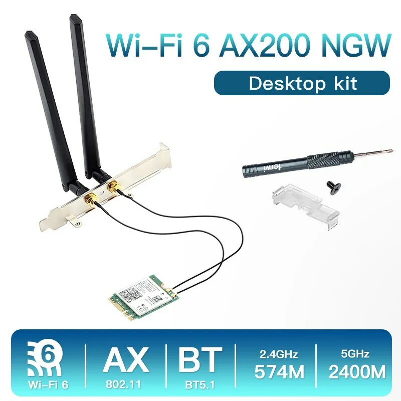 Kit de desktop intel ax200 wireless de 3000mbps, 6 m. 2, banda dupla 2.4g/5ghz 802.11ax/ac, bluetooth 5.1, cartão wi-fi ax200ngw, windows 10
