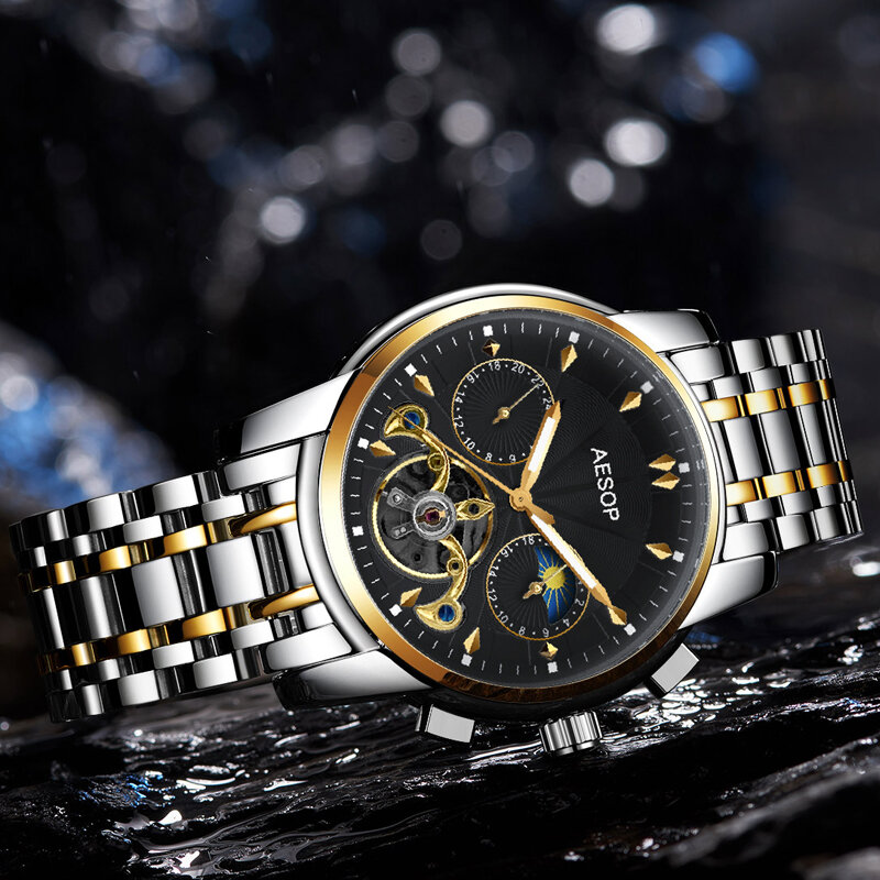 Automatyczny męski zegarek mechaniczny Tourbillon Luminous wodoodporny pasek stalowy 30M wodoodporny zegar Reloj de los hombres 2021