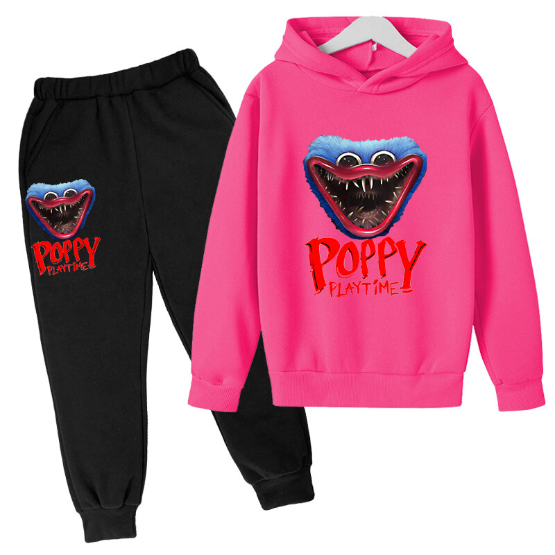 4-12Y Celana Hoodie Bulu Waktu Putar Poppy Anak-anak Mode Anak Laki-laki Perempuan Harajuku Setelan Olahraga Huggy Wuggy Pakaian Horor Musim Gugur