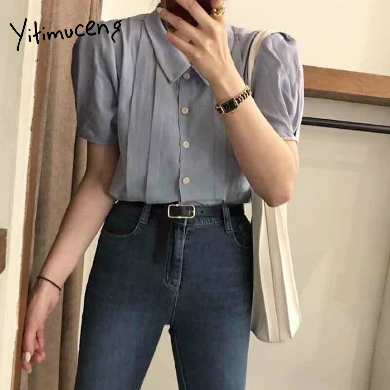 Yitimuceng ruched button up camisa feminina senhora do escritório topos coreano moda blusa azul manga curta sopro em linha reta 2021 verão novo