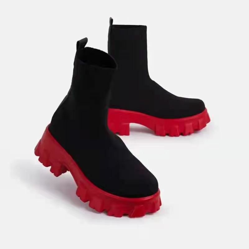 2021 jesienno-zimowa nowa para skarpetki buty damskie grube podeszwie dorywczo duże rozmiary netto czerwona z dzianiny krótkie buty kobiety Botas De Mujer