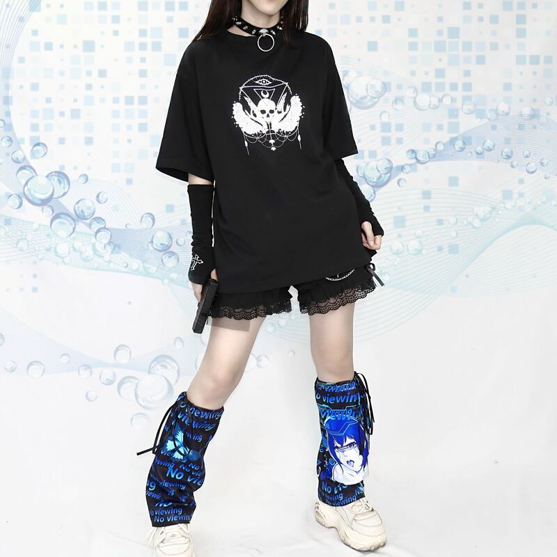 Chauffe-jambes pour fille, chaussette de pied, Design Original japonais, impression de dessin animé, bleue, manches aux genoux