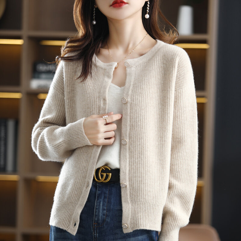 Cardigan en laine Pure à col rond pour femme, chandail à manches longues, à la mode coréenne, nouveau Style, printemps, automne et hiver, 2022