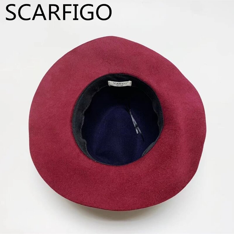 SCARFIGO-sombrero Fedora de lana para mujer, sombrero de ala ancha, Color sólido, Retro, parasol, plano