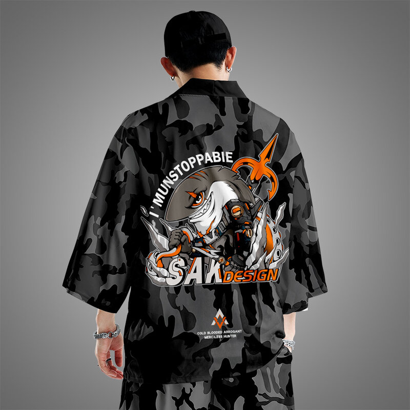의류 일본의 전통 카디건 기모노와 바지 남성 하라주쿠 Streetwear 블랙 상어 프린트 의상 유카타 하오리 로브