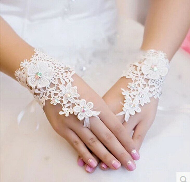 Sarung Tangan Pernikahan Pendek Sarung Tangan Pengantin Wanita Tanpa Jari Putih Aksesori Pernikahan Hadiah Pesta Pengantin Panjang Pergelangan Tangan