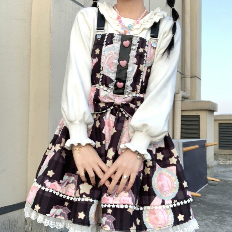 Vestido japonés Kawaii Jsk Lolita para mujer, Vintage, Victoriano, gótico, de dibujos animados, sin mangas, lazo de encaje, Princesa, para fiesta de té
