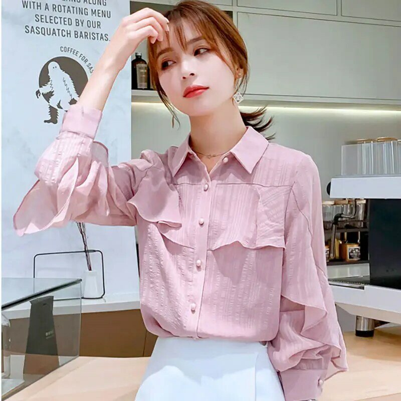 XEJ-Blusa de chifón de estilo coreano para mujeres, Top elegante de estilo coreano, túnicas para mujeres, blusa blanca de manga larga, Tops de mujer 2021