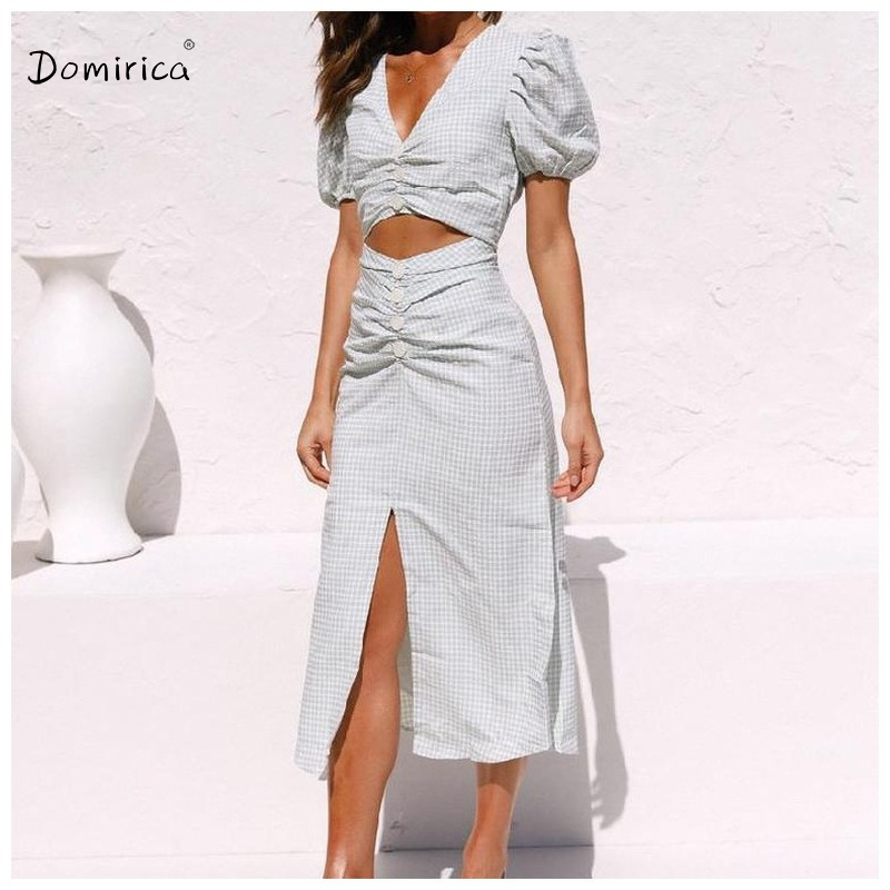 Sexy Dress V-neck Plaid Stitching Short-sleeved Crop Top Button Split Long Dress One-piece Fashion Pseudo Suit Dress for Girls