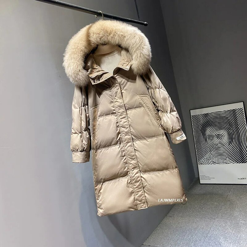 Женская длинная куртка на 2021 утином пуху, теплая свободная парка с капюшоном и гусиными пуговицами, верхняя одежда для снега, зима 90%